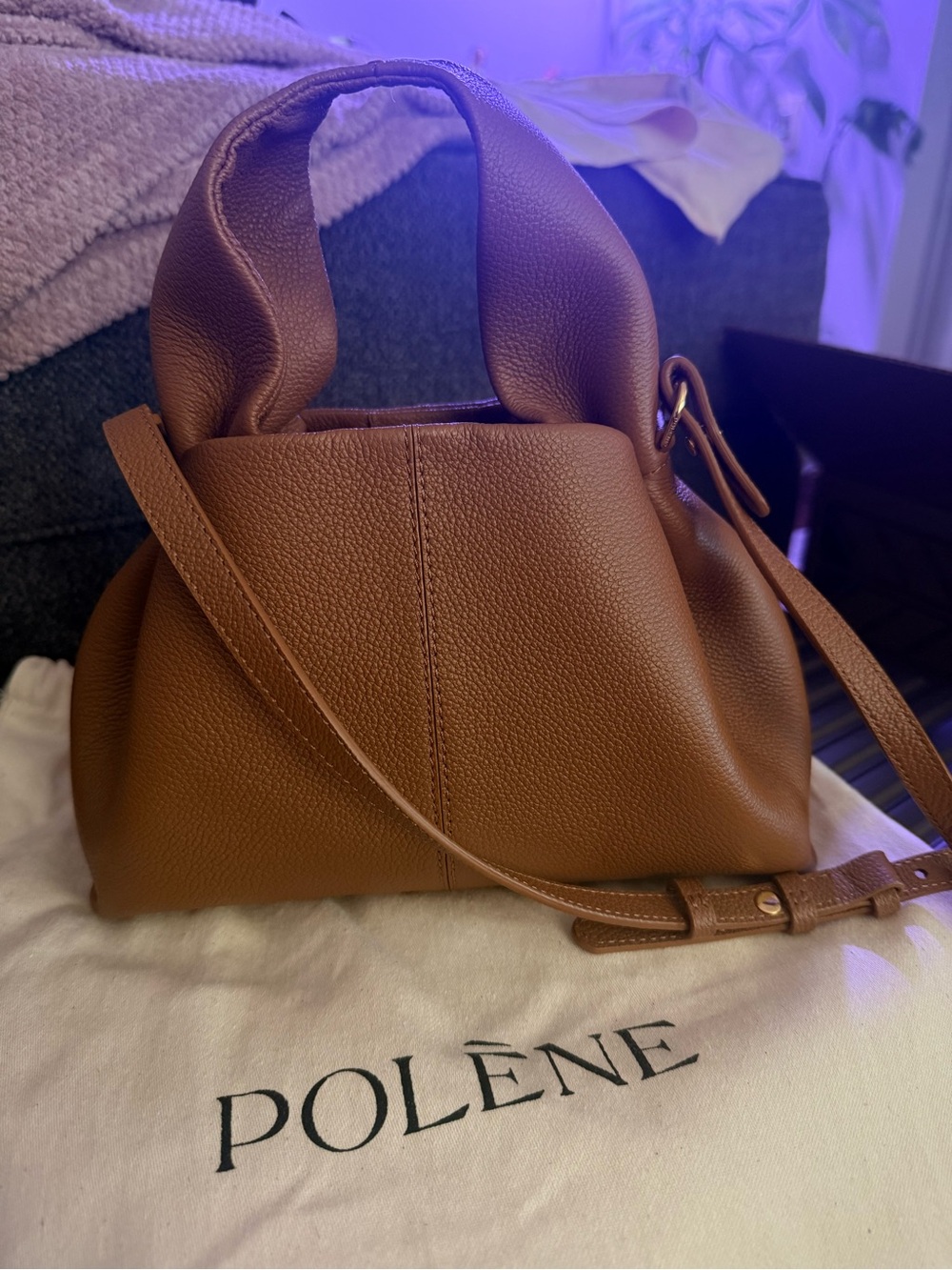 Polene Brown Pebbled Leather Crossbody Tote